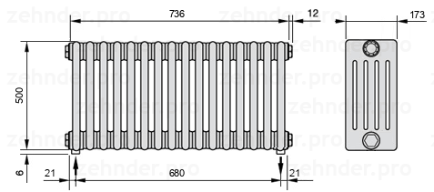 Схема (чертеж) Радиатор Zehnder Charleston 5050/16 №3570 Белый глянцевый RAL 9016